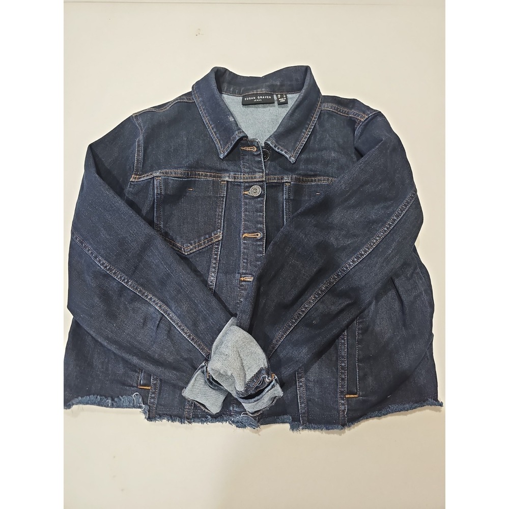 Susan Graver Jeans Denim Jacket Women's XL Dark Wash Frayed Hem Stretch